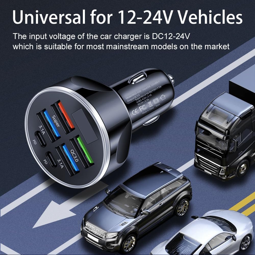 MESA'S Live 6 - Port Car Charger with PD, QC 3.0 - Fast Charge for All Devices, Universal for 12-24V Vehicles - PuriLite