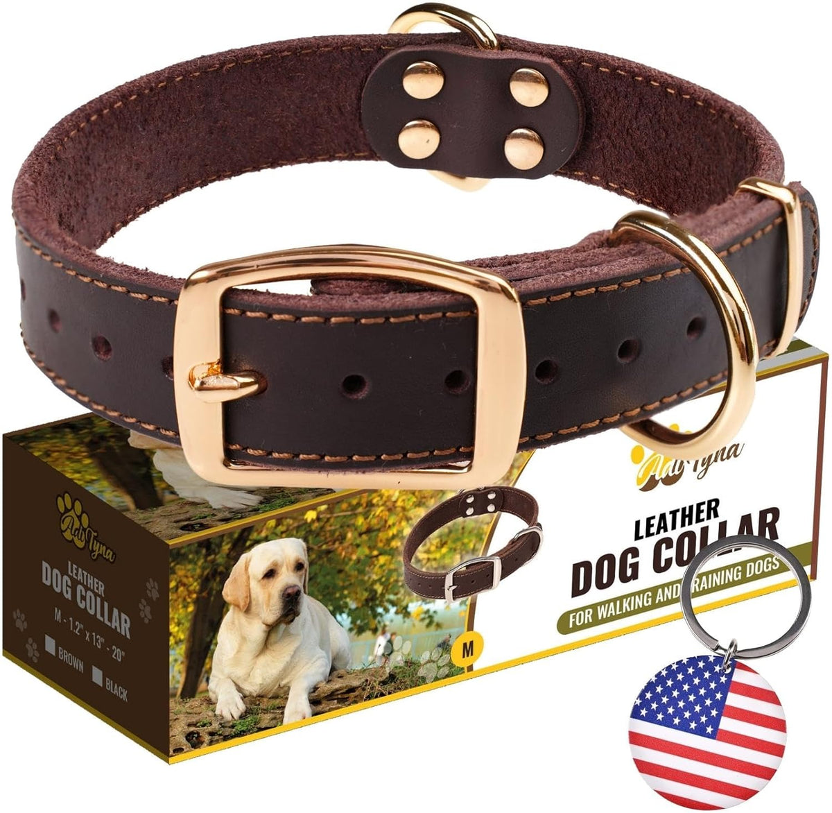 ADITYNA Heavy-Duty Leather Dog Collar for Medium Dogs - Soft and Strong, 100% Genuine Leather - Collier Pour Chien (Medium: Fit 13" - 20" Neck, Brown) - PuriLite