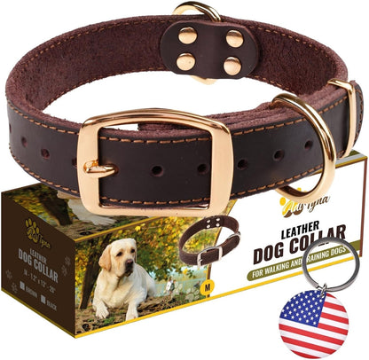 ADITYNA Heavy-Duty Leather Dog Collar for Medium Dogs - Soft and Strong, 100% Genuine Leather - Collier Pour Chien (Medium: Fit 13" - 20" Neck, Brown) - PuriLite