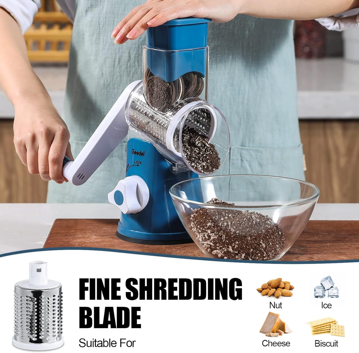 Geedel Kitchen Cheese Grater, Rotary Mandoline Vegetable Slicer with Interchangeable Blades, Easy to Use Rotary Grater Slicer for Fruit, Vegetables, Nuts - PuriLite