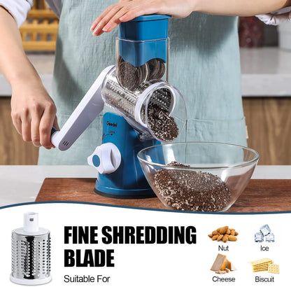 Geedel Kitchen Cheese Grater, Rotary Mandoline Vegetable Slicer with Interchangeable Blades, Easy to Use Rotary Grater Slicer for Fruit, Vegetables, Nuts - PuriLite