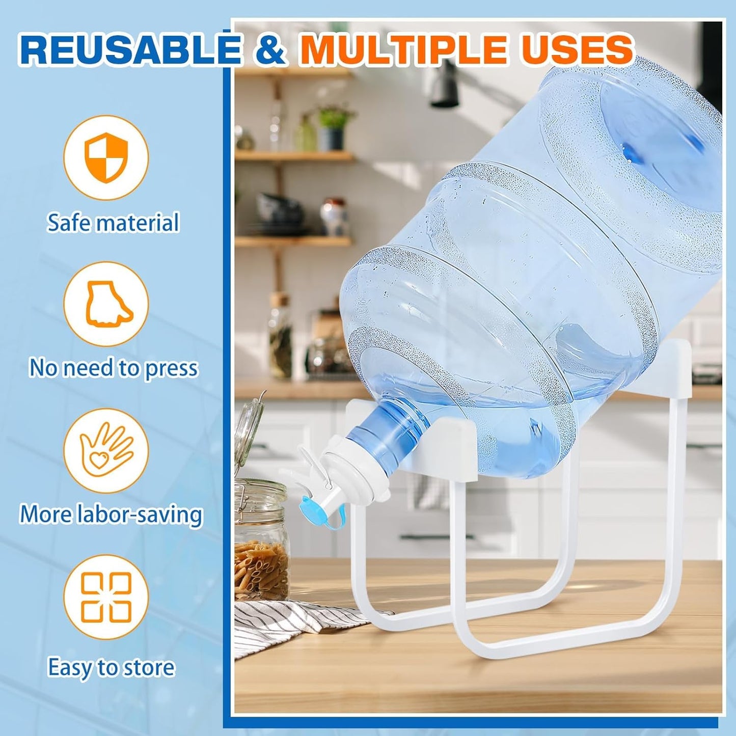Eazmate Metal 5 Gallon Water Jug Stand Dispenser with 2.15 Inch Dustproof Valve, Non-Slip Drinking Water Cooler Rack with Two Reusable Spout - PuriLite