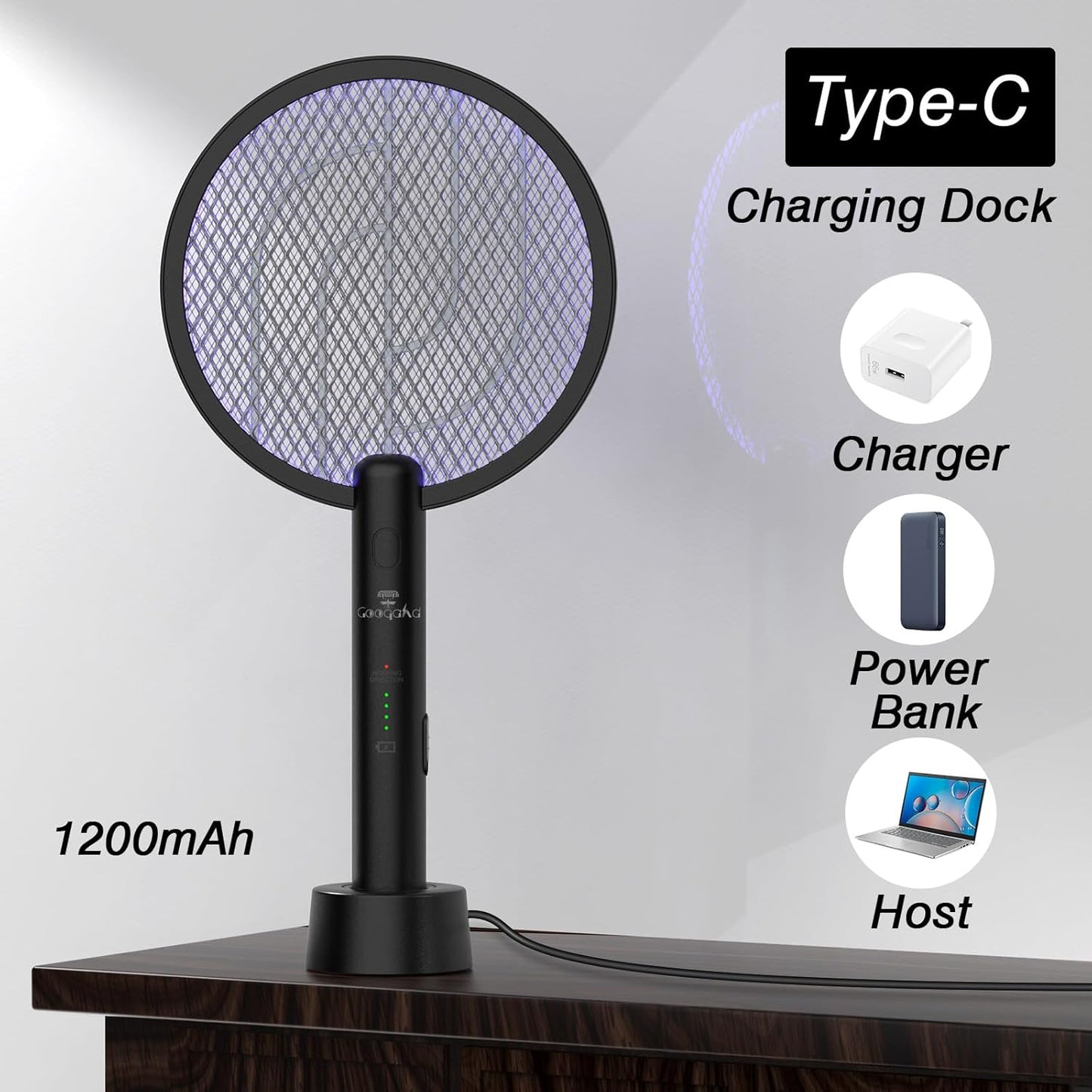 Gooqand Bug Zapper Racket, 2 in 1 Electric Fly Swatte with 3 Layer Safety Mesh, 4000V Fly Zapper with USB Rechargeable, Indoor Outdoor Fly Racket for Bedroom, Kitchen, Camping - PuriLite