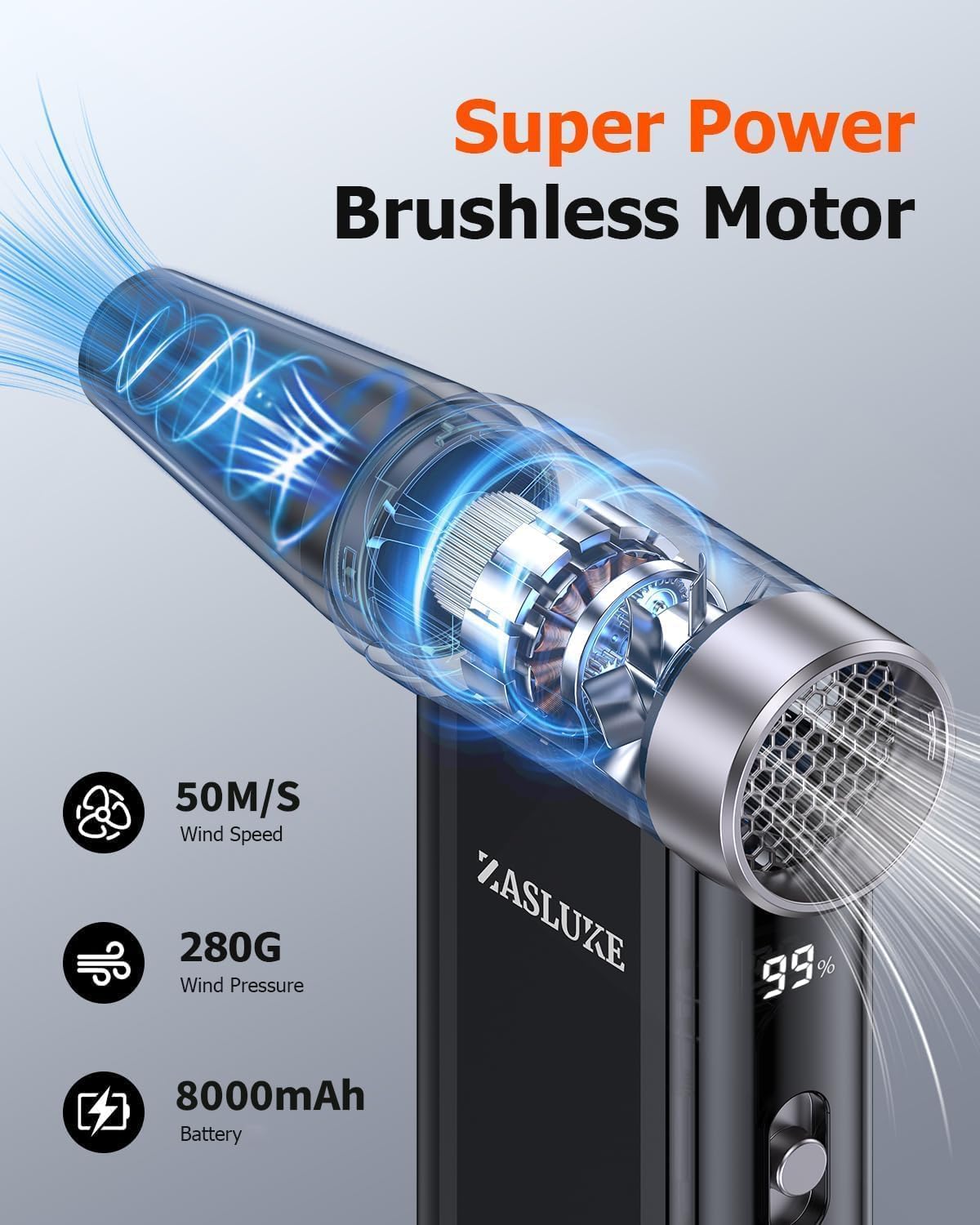 ZasLuke Compressed Air Duster, 300000RPM Cordless Electric Air Blower with Brushless Motor, 8-Gear Adjustable Mini Blower with Fast Charging, Dust Blower for Computer, Keyboard, House, Outdoor and Car - PuriLite