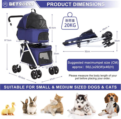 Dog Stroller Pet Stroller for Small Medium Dogs & Cats, 4-Wheel Cat Stroller, Foldable Dog Stroller with Suspension System/Link Brake, Max.44 LBS