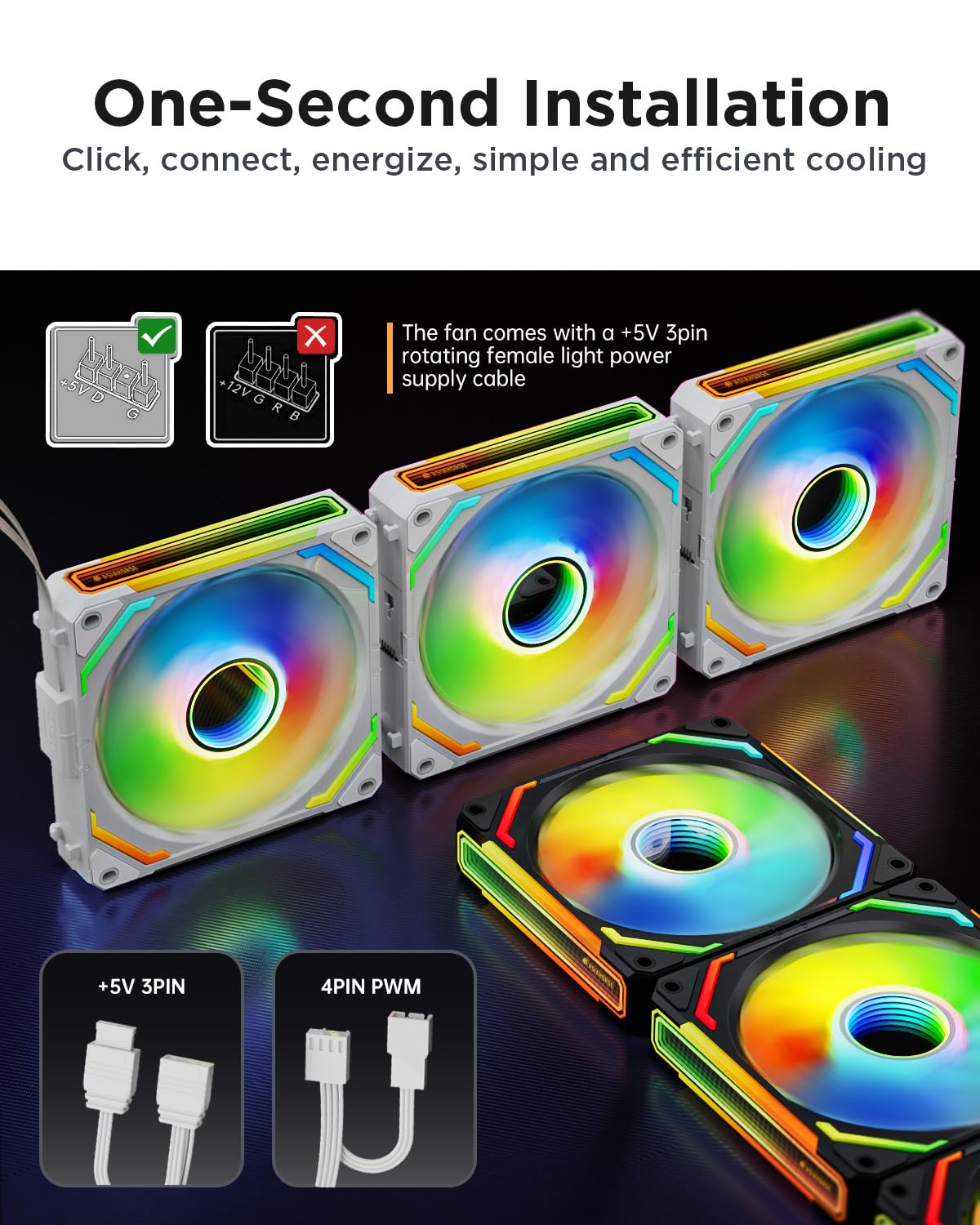 AsiaHorse COSMIQ-Black 120mm PC RGB Fans, 5V 3-PIN Connector Daisy Chain FDB PWM Computer Case Fans with RGB Controller for Cases CPU Liquid Coolers, 3Pack (Black) (Black, 3_Pack_Forward_Blade) - PuriLite
