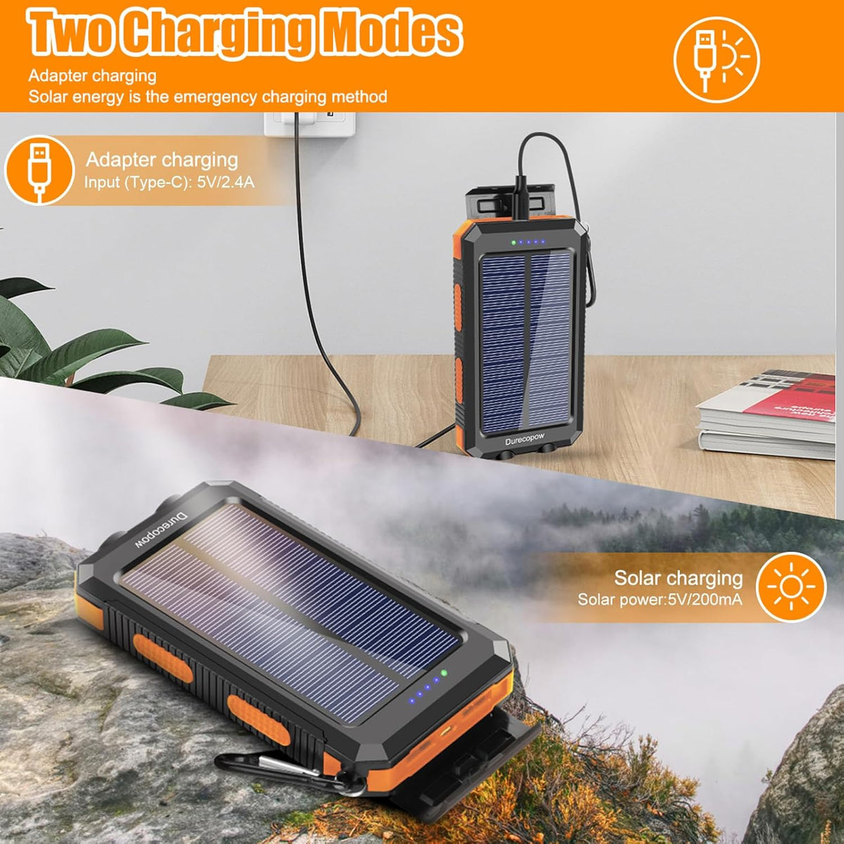 Solar Charger Power Bank, 20000mAh Portable Outdoor Waterproof Solar Battery Charger, Camping External Backup Battery Pack USB C Ports Input/Output, 2 Led Light Flashlight with Compass (Orange) - PuriLite