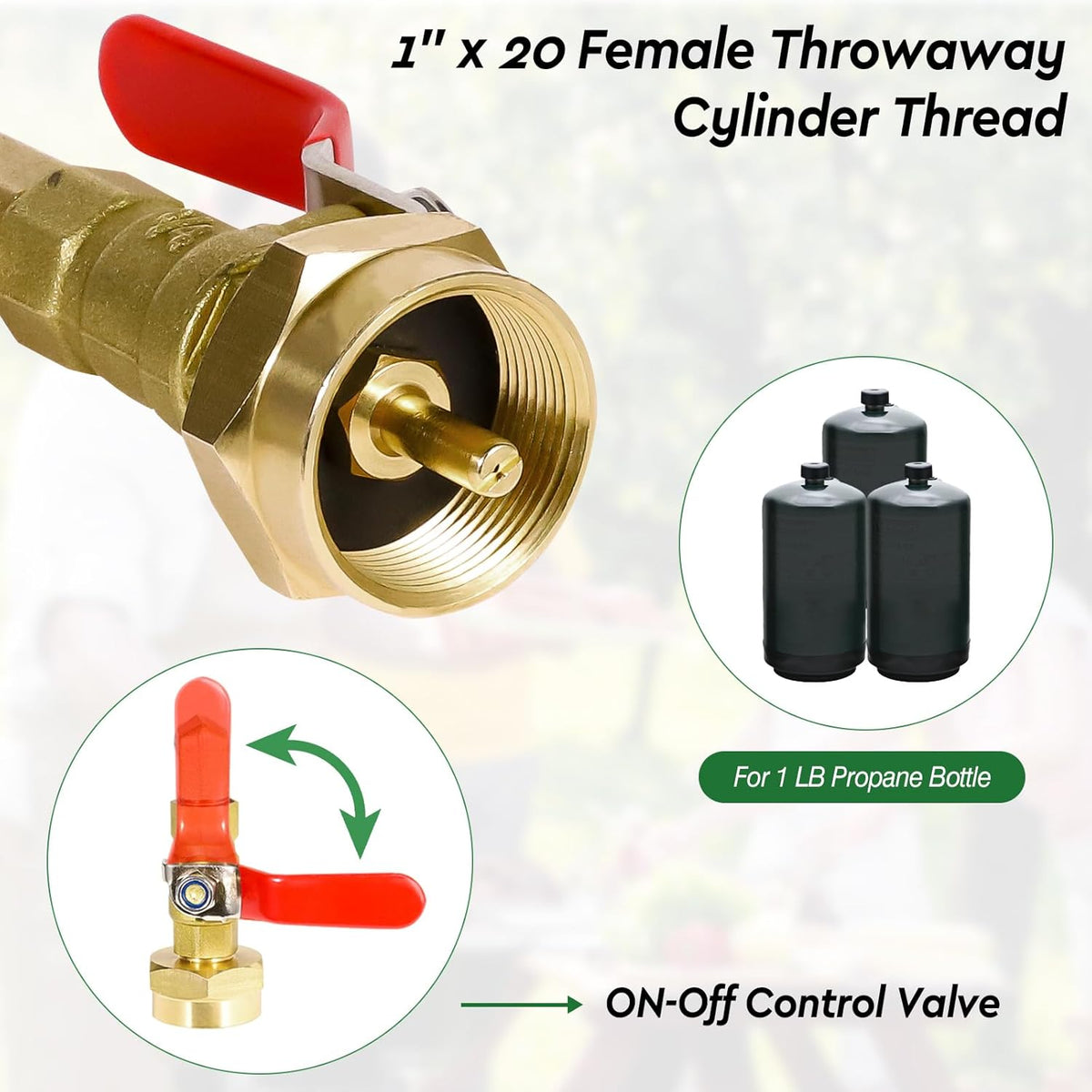 Propane Refill Adapter 20lb to 1lb Camping - 3FT/36inch Stainless Steel Hose with Gauge and ON-Off Control Valve - Fits QCC1 / Type1 Tank, 2 Caps Included - PuriLite