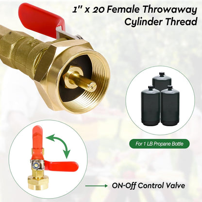 Propane Refill Adapter 20lb to 1lb Camping - 3FT/36inch Stainless Steel Hose with Gauge and ON-Off Control Valve - Fits QCC1 / Type1 Tank, 2 Caps Included - PuriLite