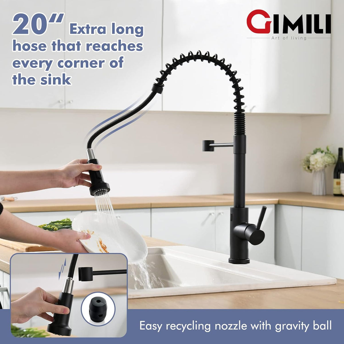 GIMILI Matte Black Kitchen Faucet with LED Light,Single Hole Spring Kitchen Sink Faucet with Pull Down Sprayer - PuriLite