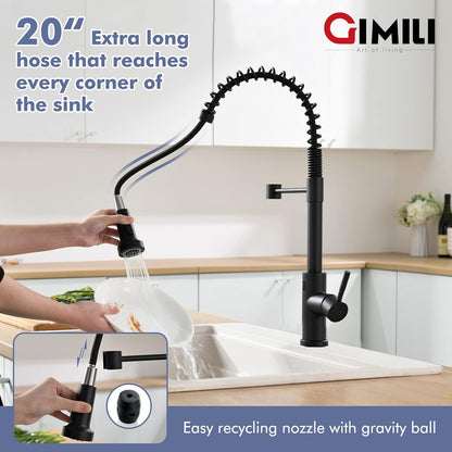 GIMILI Matte Black Kitchen Faucet with LED Light,Single Hole Spring Kitchen Sink Faucet with Pull Down Sprayer - PuriLite