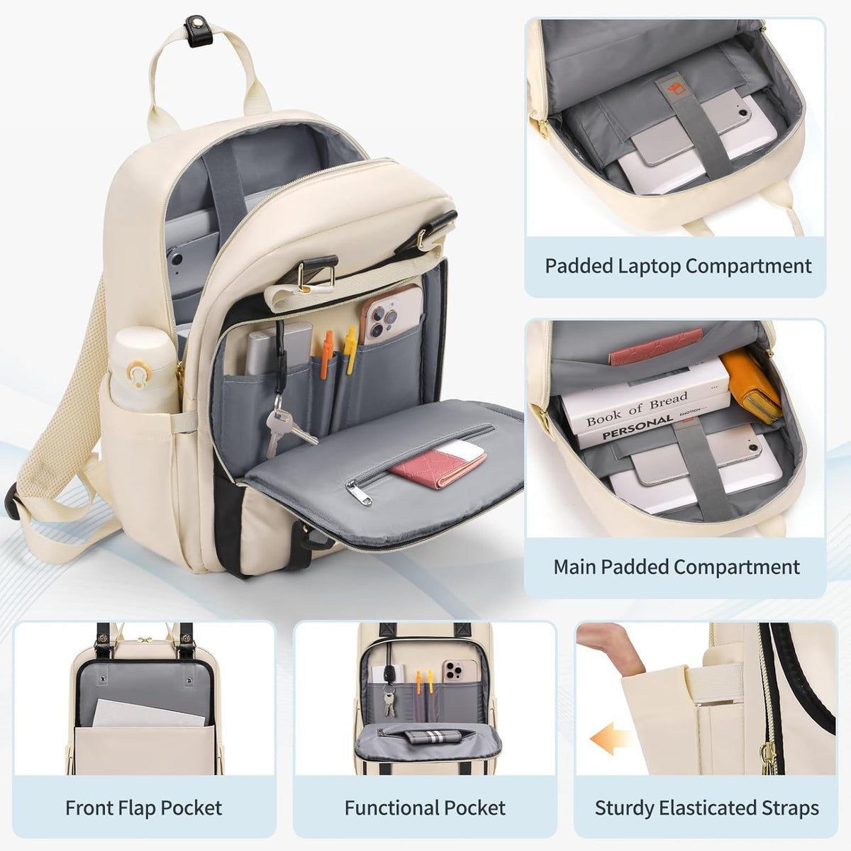 RAINSMORE Laptop Backpack 15.6 Inch for Women Large Travel Backpack with USB Charging Port Water Resistant - PuriLite