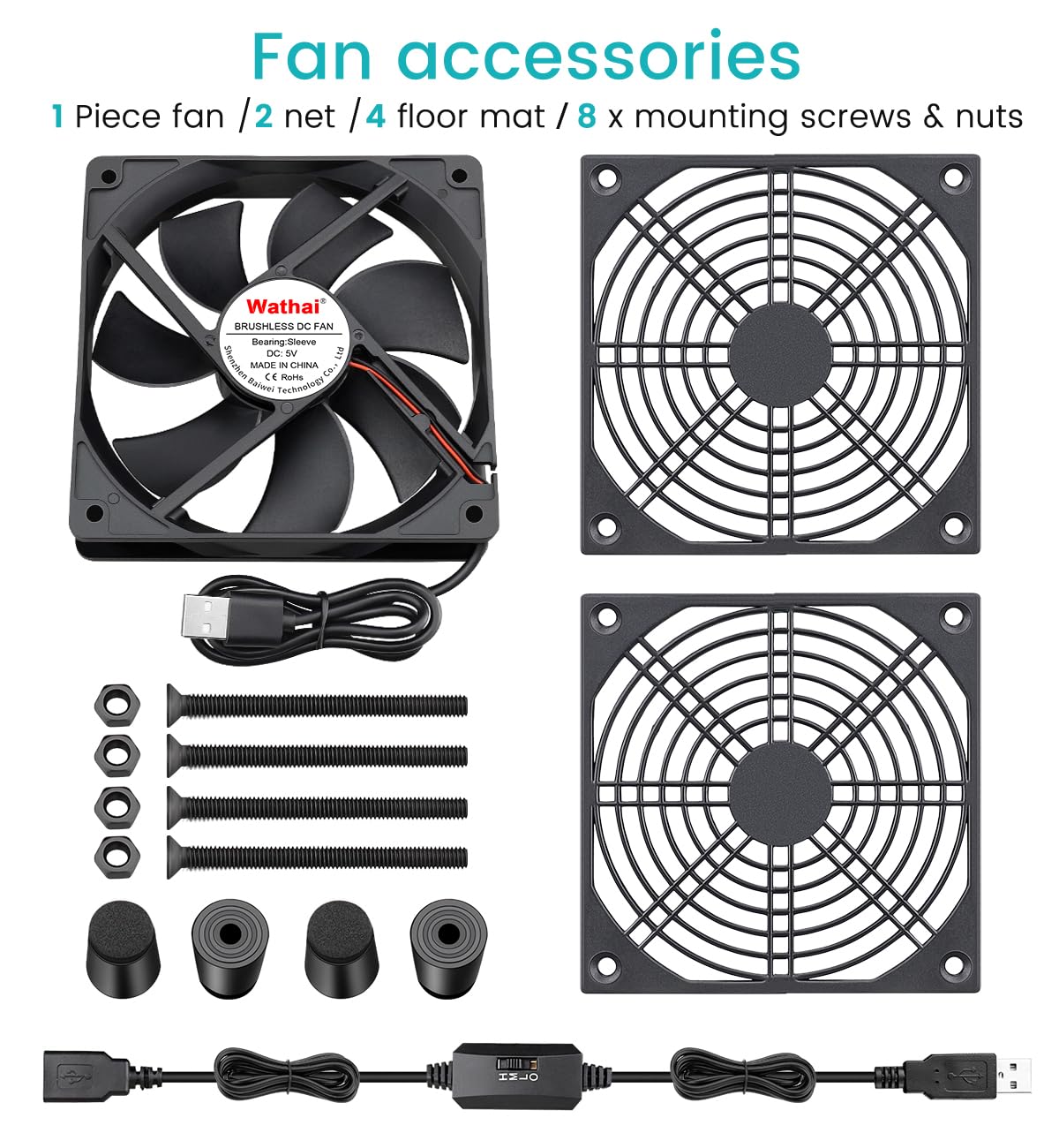 Wathai High Airflow Router Cooling Fan for Computer Cooler TV Small Box DC 5V USB Power 120mm 240mm Fan with Multi Speed Controller - PuriLite