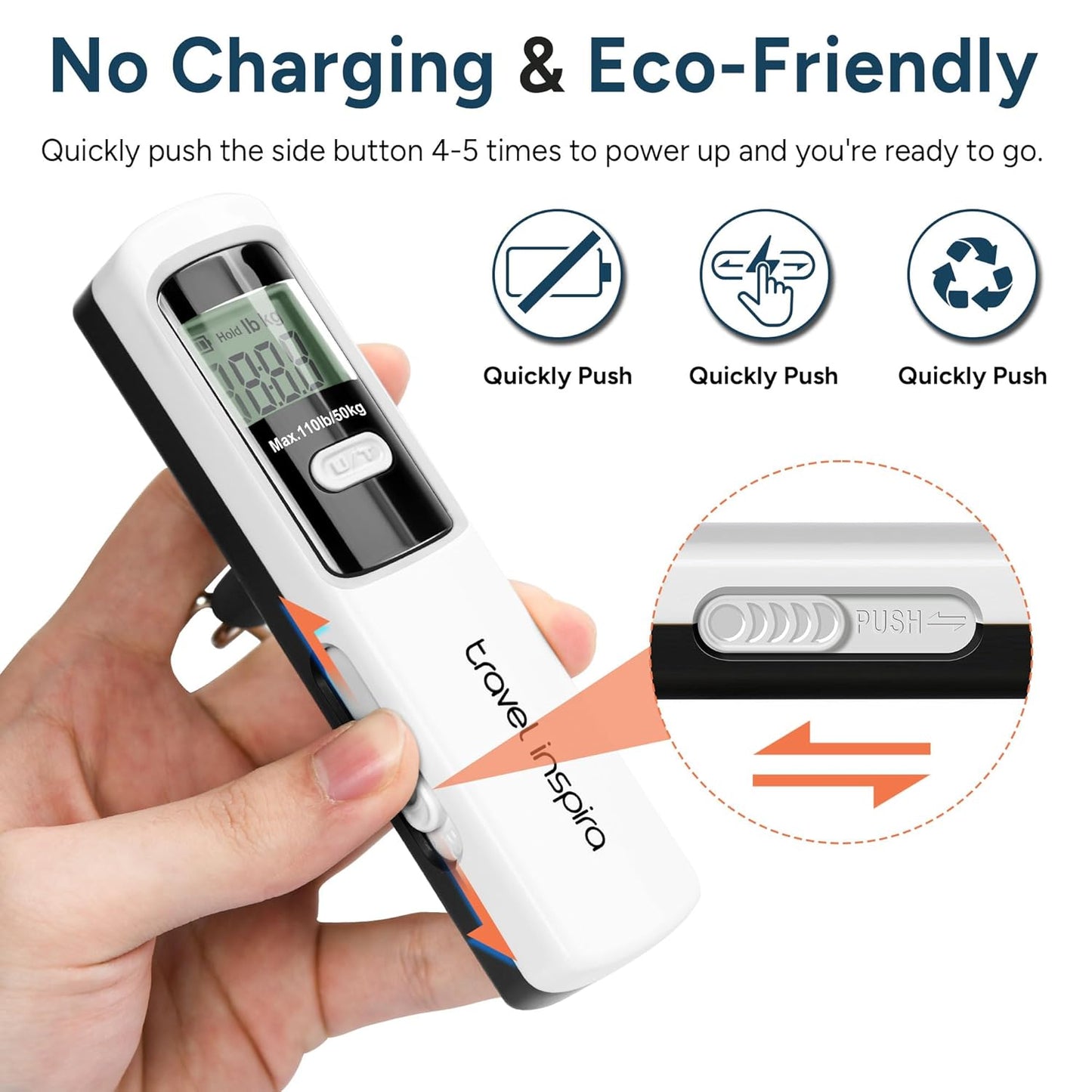 travel inspira Luggage Scale Battery-Free, Portable Handheld Digital Suitcase Scale for Travelling, 110lbs/50kg - PuriLite
