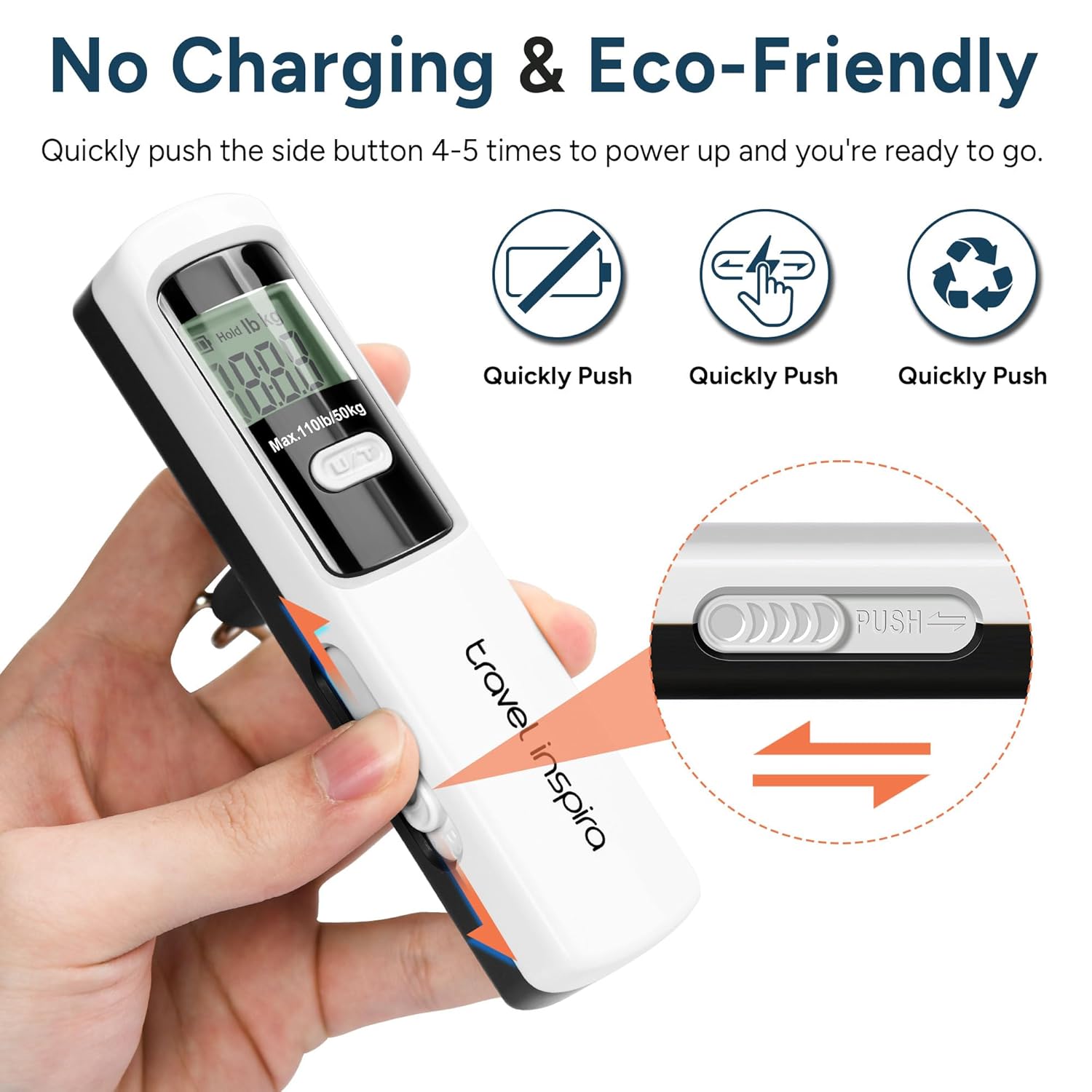 travel inspira Luggage Scale Battery-Free, Portable Handheld Digital Suitcase Scale for Travelling, 110lbs/50kg - PuriLite