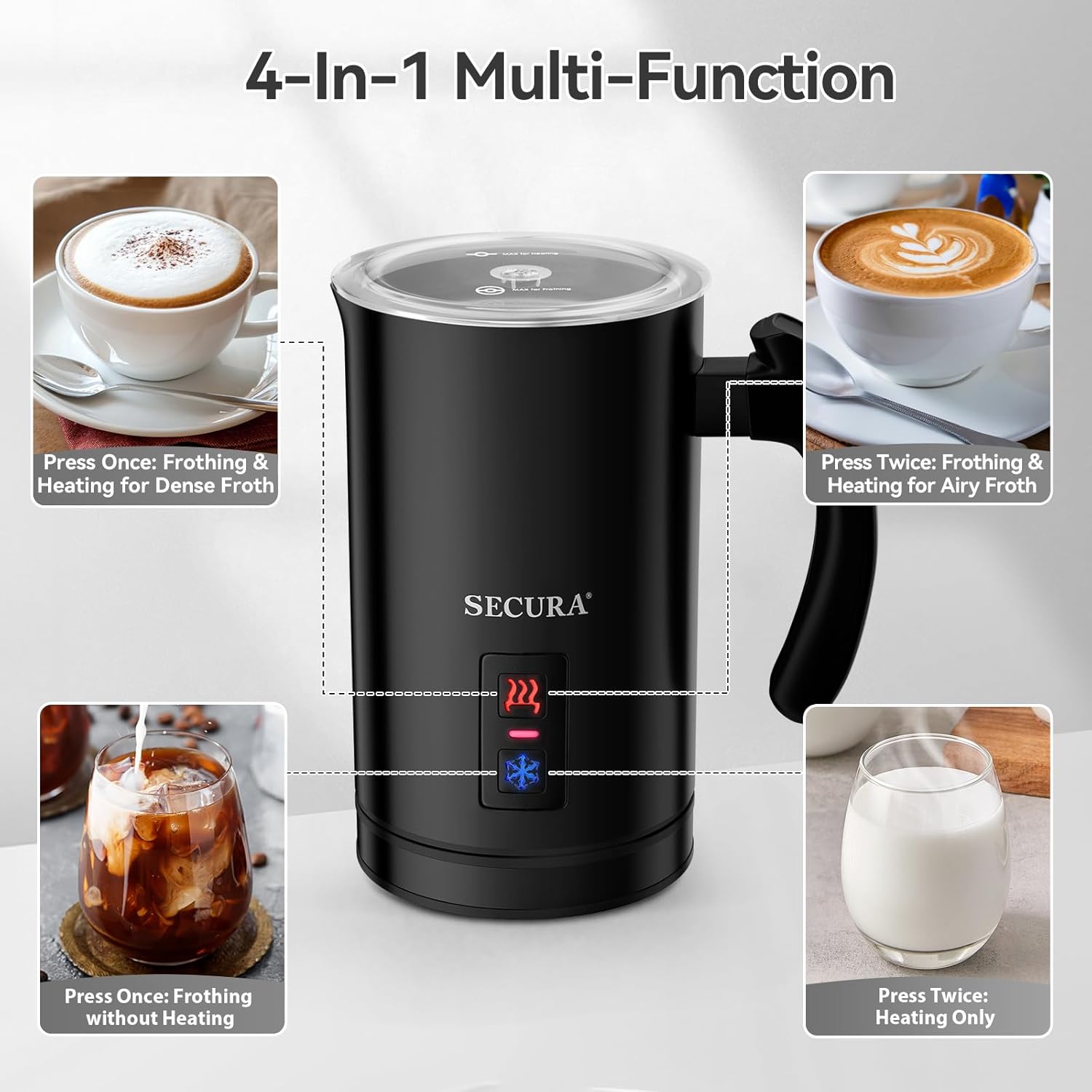 Secura Electric Milk Frother, Automatic Milk Steamer Warm or Cold Foam Maker for Coffee, Cappuccino, Latte, Stainless Steel Milk Warmer with Strix Temperature Controls (Black) - PuriLite