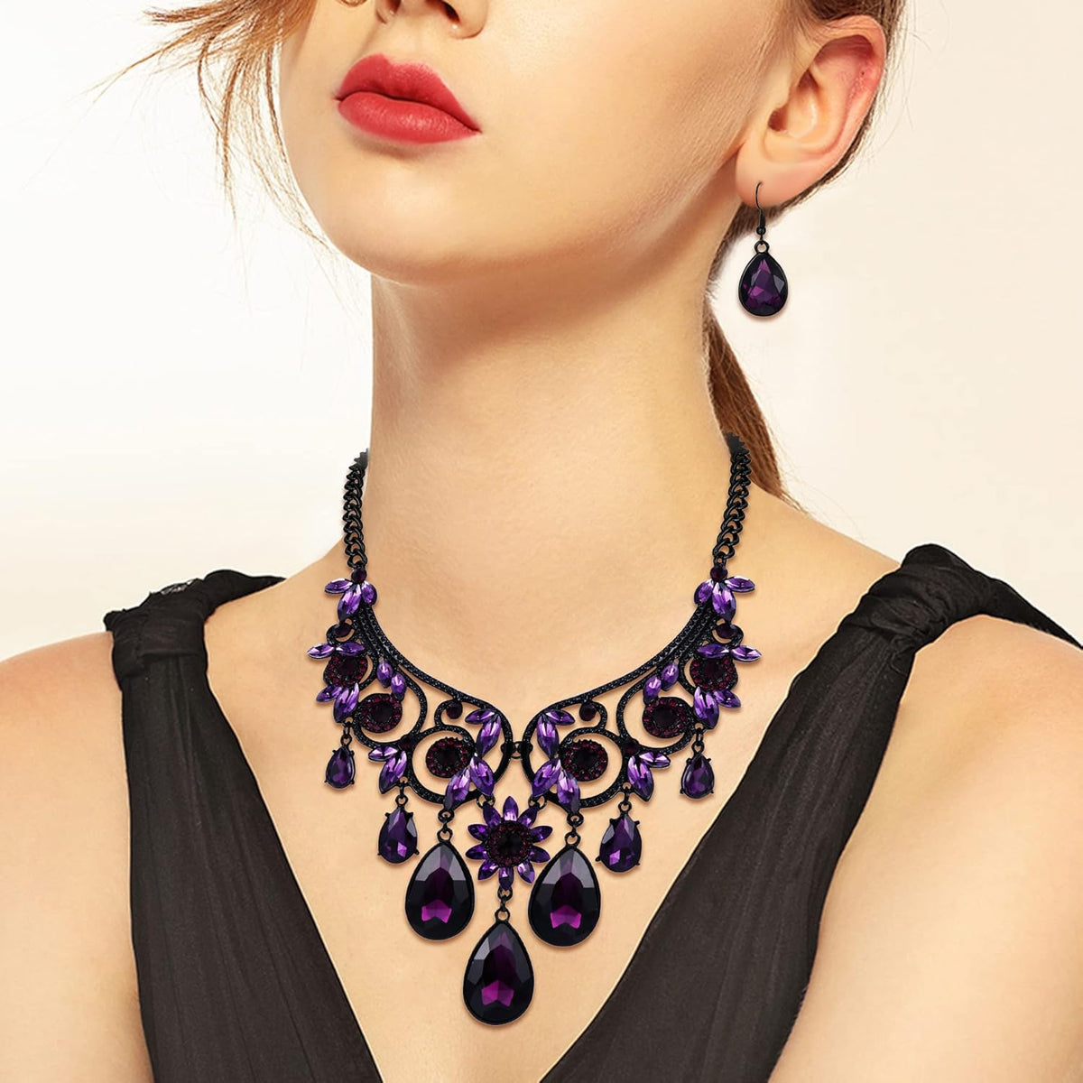 BriLove Women's Tribal Ethnic Crystal Chunky Statement Necklace Dangle Earrings Set - PuriLite
