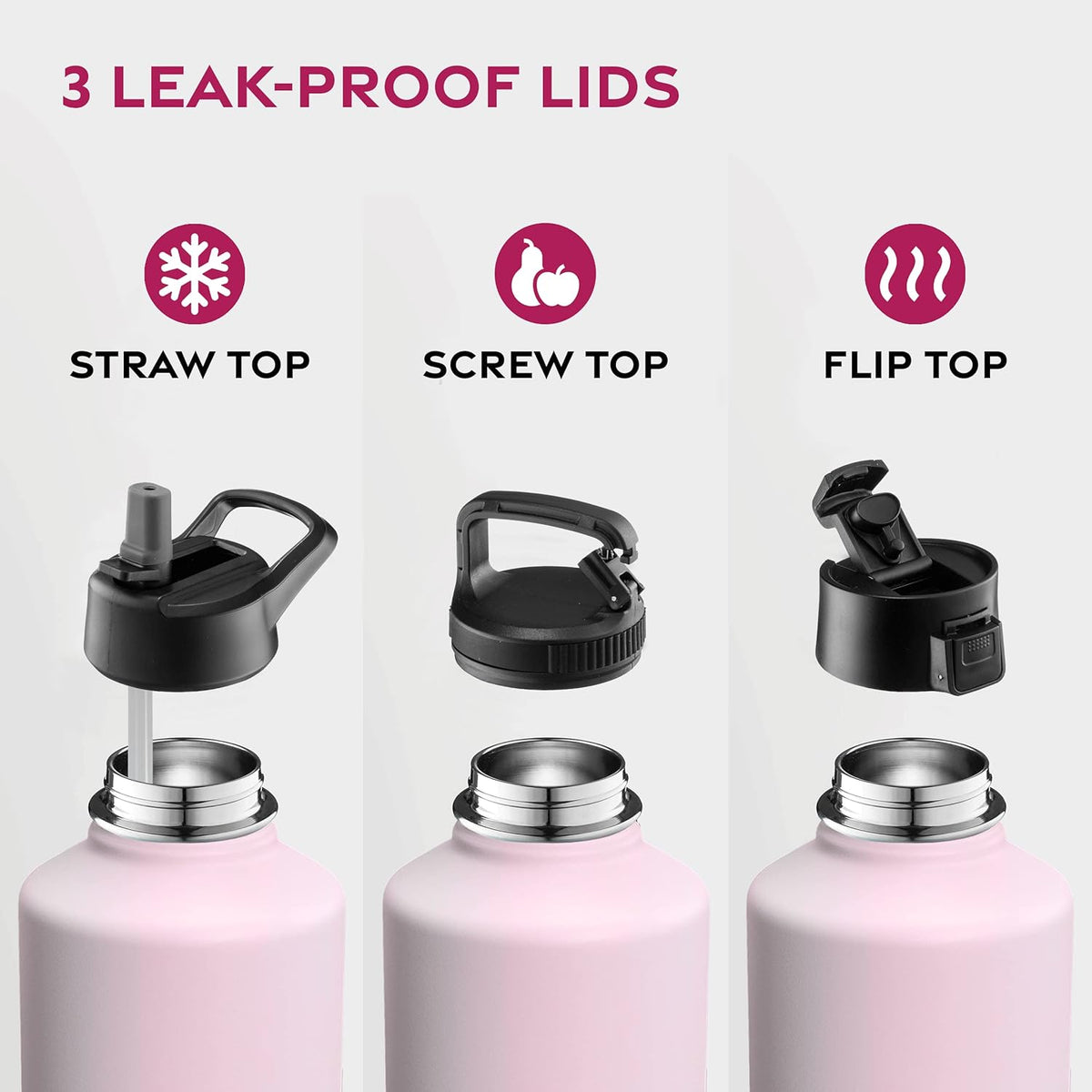 FineDine Water Bottle - Stainless Steel Insulated Water Bottle with Straw Lid, Flip Lid & Wide-Mouth Cap - Keeps Hot and Cold - 25 Oz / 739ml - Pure Pearly White - PuriLite