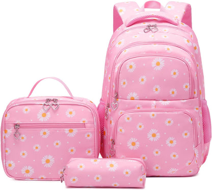 3Pcs Daisy Prints Backpack for Girls Bookbag set Primary School Daypack Elementary Students Knapsack with Lunch Box - PuriLite