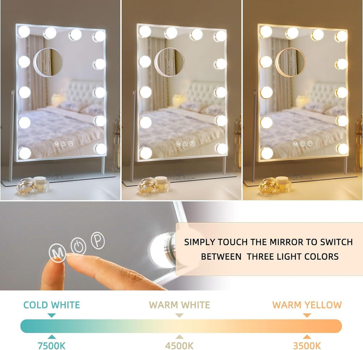 FENCHILIN Lighted Makeup Mirror Hollywood Mirror Vanity Makeup Mirror with Light Smart Touch Control 3Colors Dimmable Light Detachable 10X Magnification 360°Rotation(White) - PuriLite