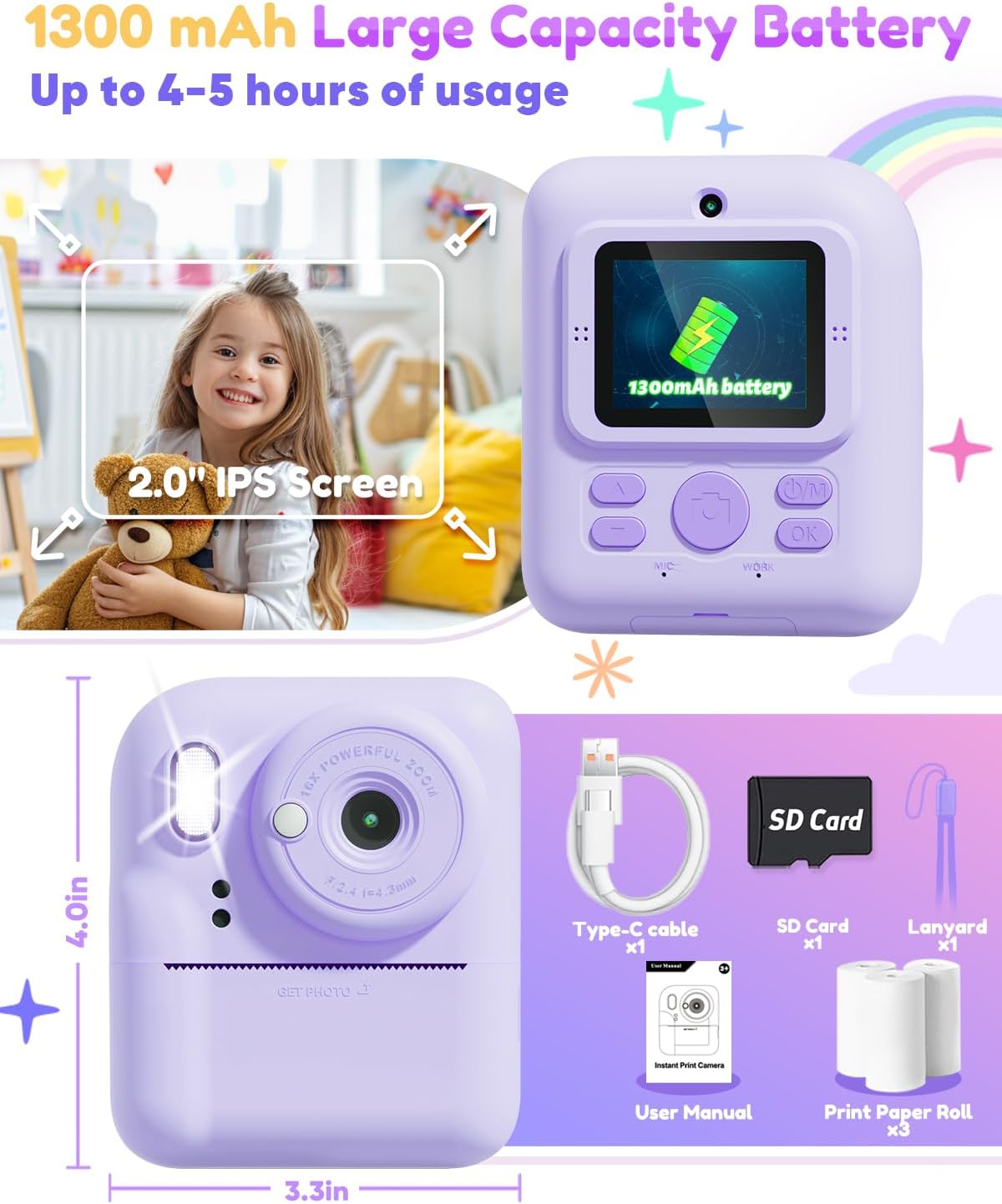 Pussan Kids Camera Instant Print, 1080P Instant Print Camera Toys for 3-12 Year Old Girls, Christmas Birthday Gifts for Age 3 4 5 6 7 Girls, Kids Digital Camera Toys with 3 Rolls Print Paper-Pink - PuriLite