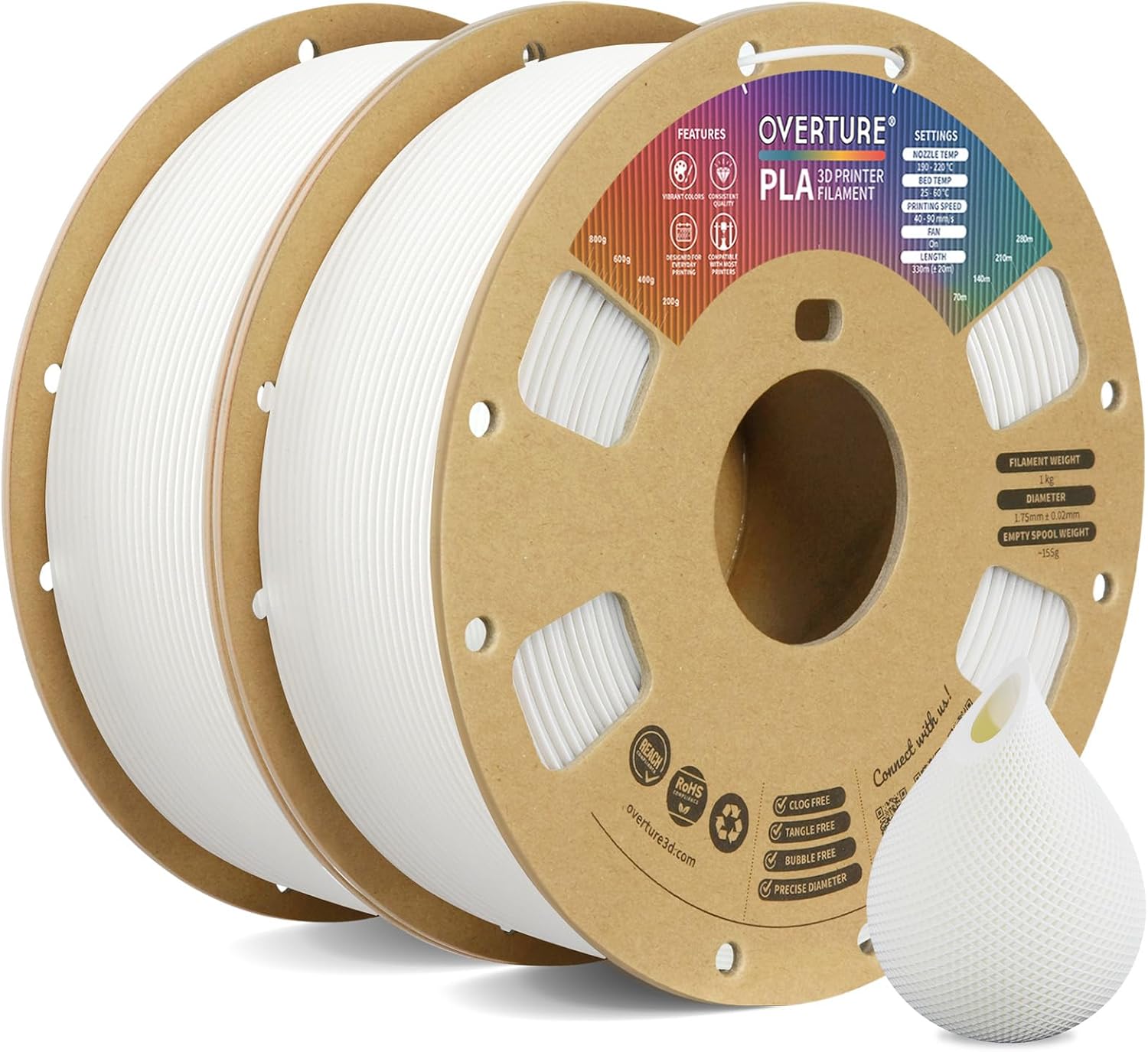 OVERTURE PLA Filament 1.75mm PLA 3D Printer Filament, 1kg Cardboard Spool (2.2lbs), Dimensional Accuracy +/- 0.02mm, Fit Most FDM Printer (Black 1-Pack) - PuriLite