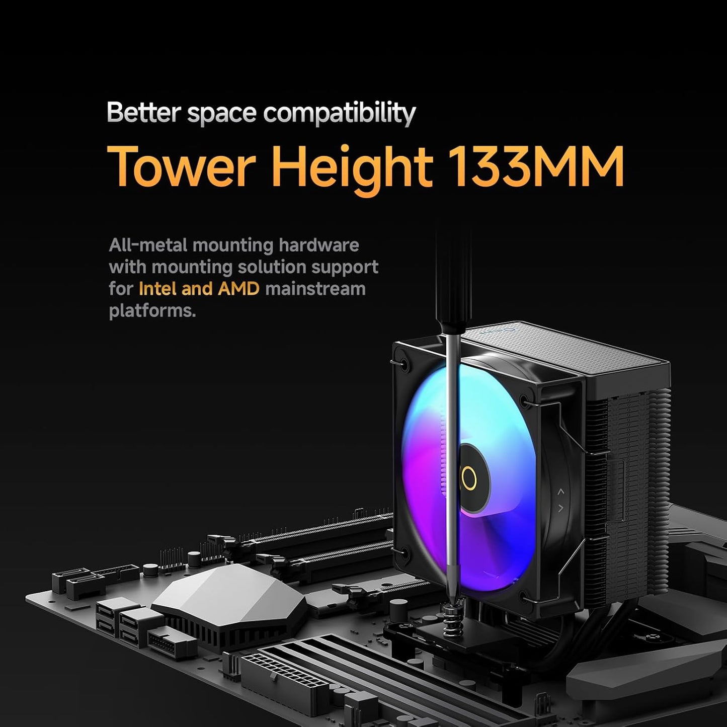 Gamma A40 ARGB BK CPU Cooler,100mm PWM Fan,133mm Height Single Tower Computer Compact CPU Air Cooler,4 Copper Direct Contact Heat Pipes,for Intel LGA 115X/1200/1700/1851 &AMD AM4/AM5 - PuriLite