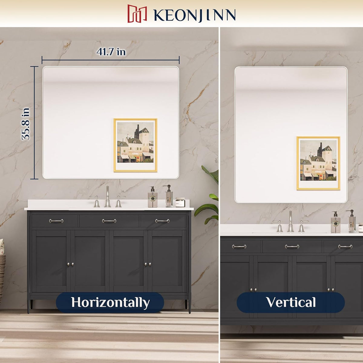Keonjinn 42 x 36 Brushed Nickel Bathroom Vanity Mirror, Large Rounded Rectangle Bathroom Mirrors for over Sink, Metal Framed Silver Mirror for Wall, Shatterproof HD Tempered Glass(Horizontal/Vertical) - PuriLite