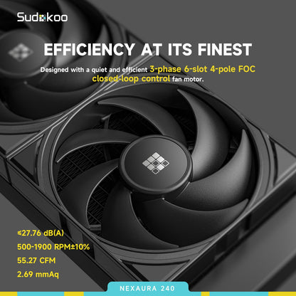 Sudokoo NEXAURA 240 Liquid CPU Cooler: 240mm AIO CPU Cooler with PWM Pump & ARGB Pump Head - Water Cooling with FDB Fans for Intel LGA 1851/1700/1200/115X AMD AM5/AM4 - Black - PuriLite