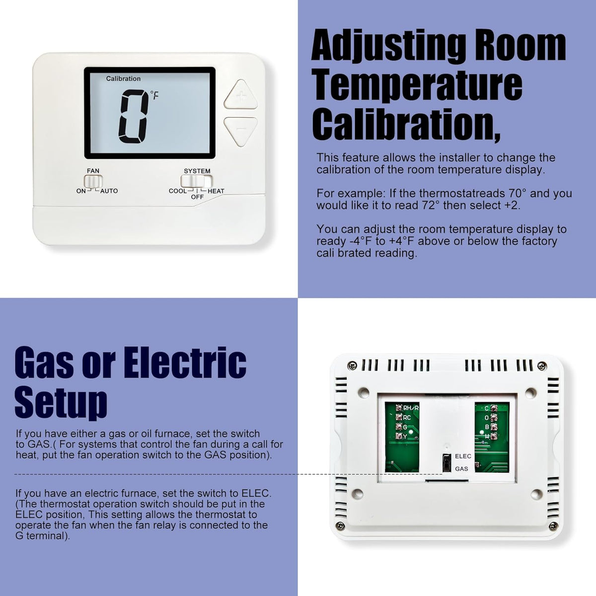 Heagstat Non-Programmable Thermostats for Home Single-Stage 1 Heat/ 1 Cool (with Green Backlight) - PuriLite