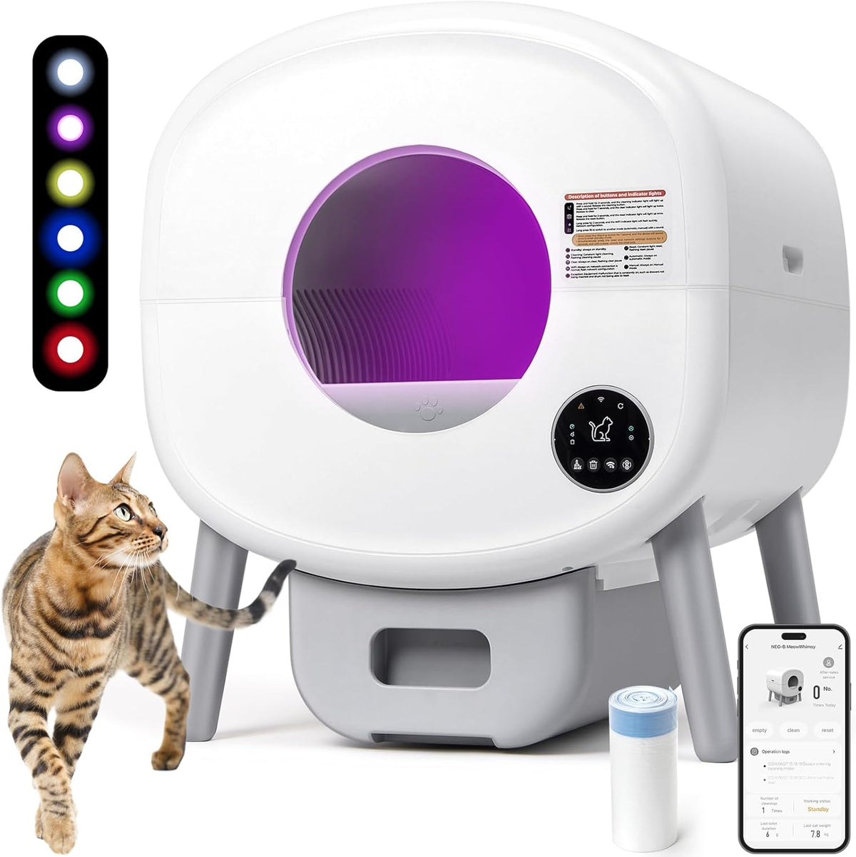 Fsitego Self Cleaning Cat Litter Box: Extra Large Automatic Litter Box for Multiple Cats, Odor-Free, App-Controlled, Ambient Light Waste Disposal - PuriLite