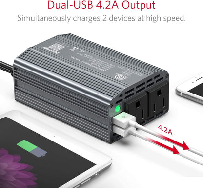BESTEK Power Inverter DC 12V to AC 110V - 300W Car Plug Adapter Outlet with 4.8A Dual USB Fast Charging Port - Car Charger Cigarette Lighter Adapter for Phone, Laptop on Road Trip - Aluminum Housing - PuriLite