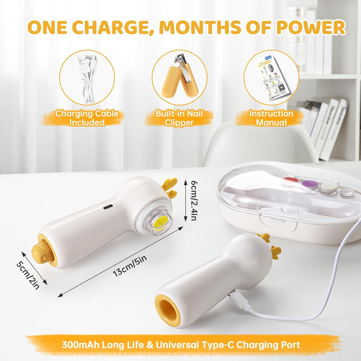 Baby Electric Nail File with Clipper, 5-in-1 Baby Nail Trimmer with LED Light, Rechargeable Nail Clippers for Infant Toddler Kid Adult, Low Noise, Includes 5 File Pads, Yellow Deer - PuriLite