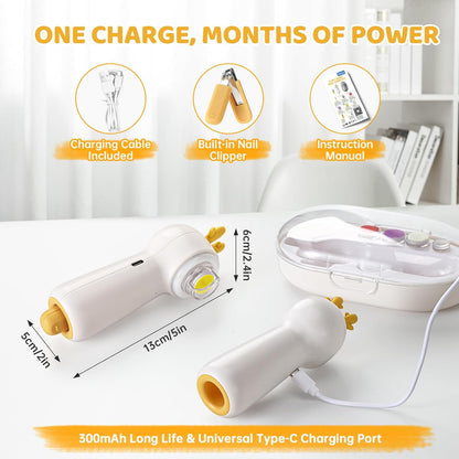 Baby Electric Nail File with Clipper, 5-in-1 Baby Nail Trimmer with LED Light, Rechargeable Nail Clippers for Infant Toddler Kid Adult, Low Noise, Includes 5 File Pads, Yellow Deer - PuriLite