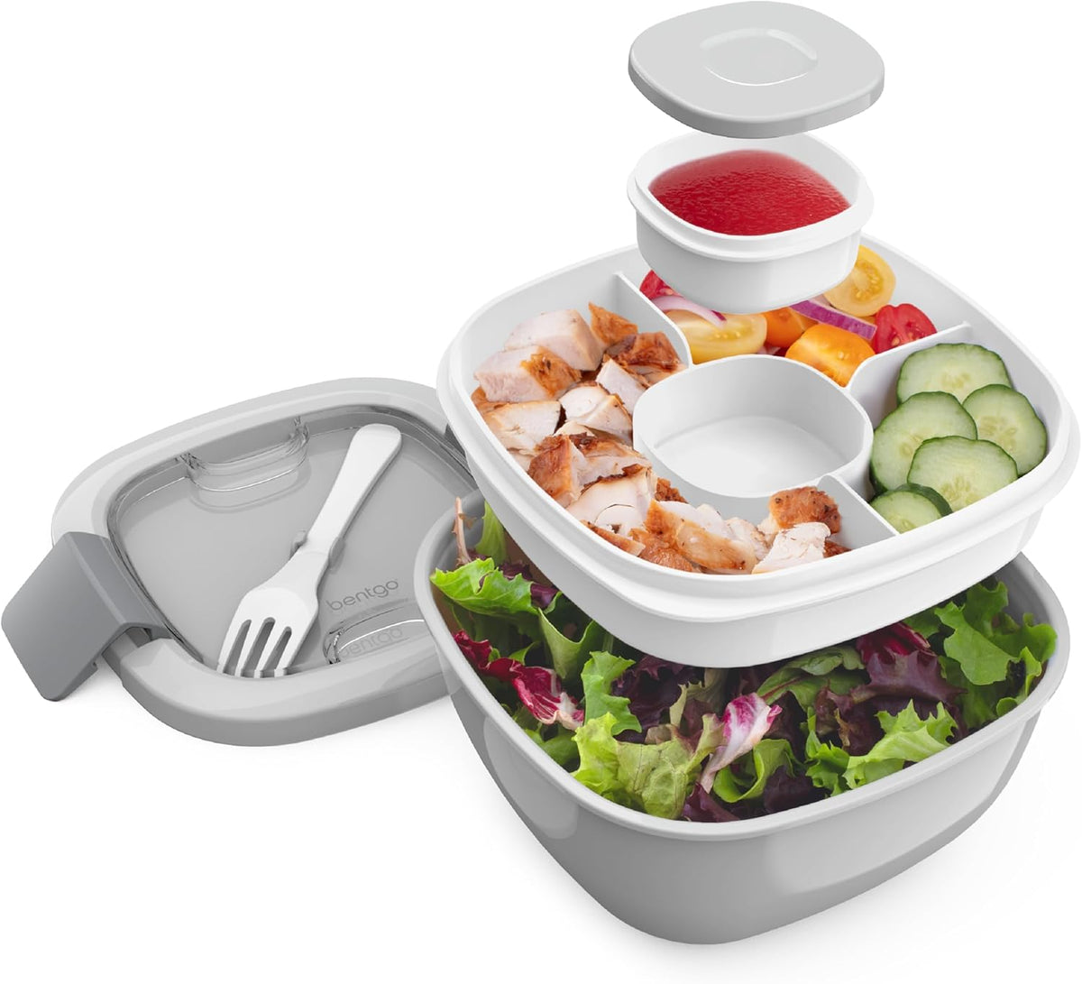 Bentgo Salad - Stackable Lunch Container with Large 54-oz Salad Bowl, 4-Compartment Bento-Style Tray for Toppings, 3-oz Sauce Container for Dressings, Built-in Reusable Fork & BPA-Free (Khaki Green) - PuriLite