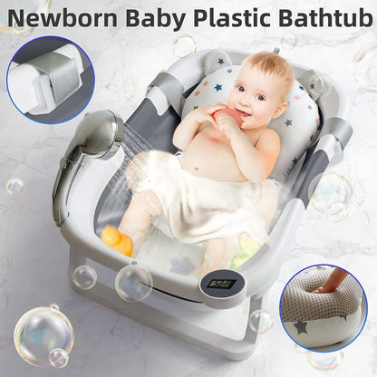 Befol Collapsible Baby Bathtub for Infants to Toddler, Portable Travel Bathtub Multifunctional Bathtub with Drain Hole, Baby Folding Bathtub for Newborn 0-36 Month (Blue+Floating Baby Bath Cushion Pink - PuriLite
