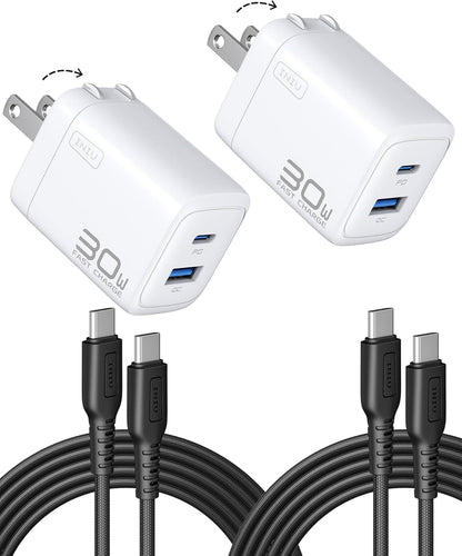 INIU USB C Charger, 2-Pack 30W PD QC 3.0 Dual Port Fast Charging Type C Charger Block with 5ft USB-C Cable, Compact USB C Wall Charger with Foldable Plug for iPhone 16 15 Pro Max Samsung S23, Yellow - PuriLite