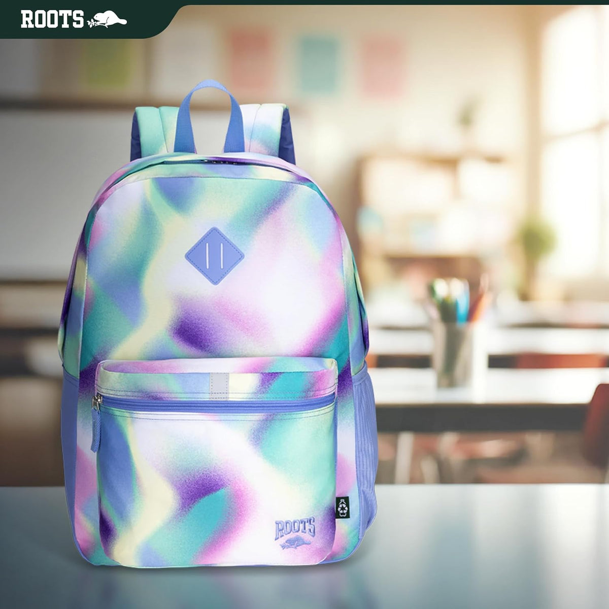 Roots Teen Lightweight Backpack — Made from Recycled Polyester with 15.6" Laptop Compartment, Rain Flap, Bottle Pocket, Reflective Accent, and Back Padding — 34L, Black - PuriLite