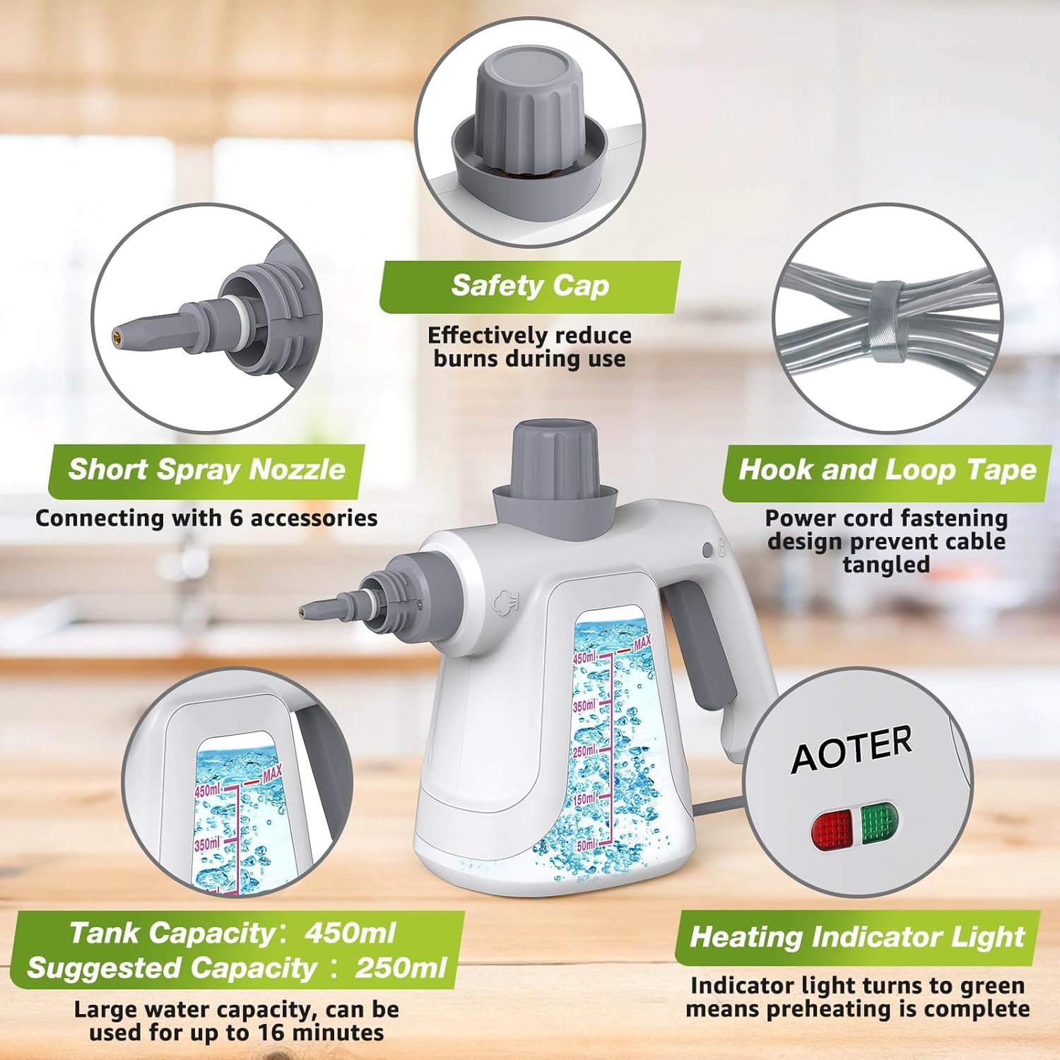 AOTER Pressurized Handheld Steam Cleaner, Portable Steam Cleaner Multipurpose for Home, Multi-Surface Steam Cleaner for Tile, Grout, Windows, Bathroom, Kitchen, Car Cleaning, with 12pcs Accessories - PuriLite