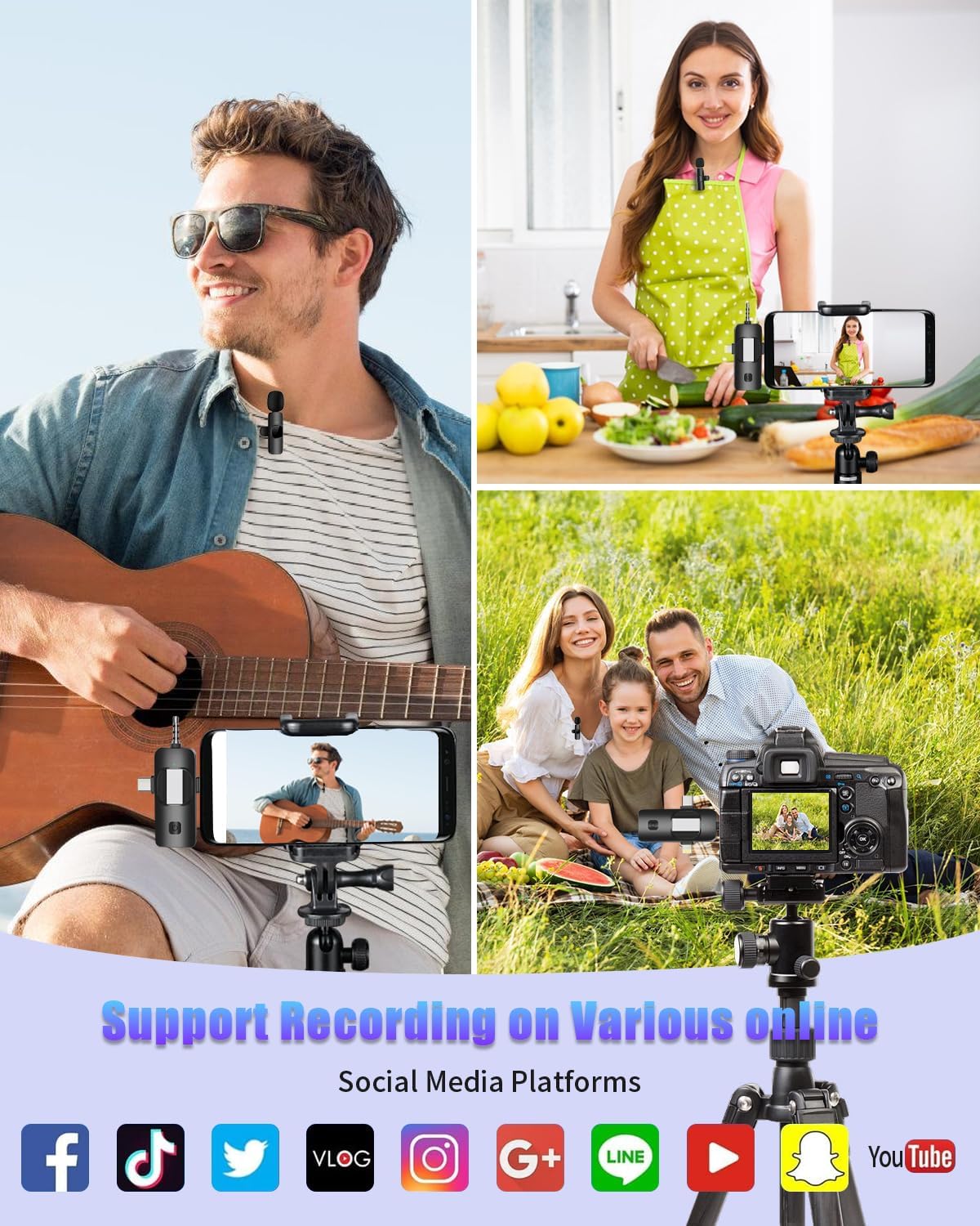 Wireless Lavailer Microphone for iPhone, Android, Camera, iPad, USB C, 4 in 1 Professional Mini Microphone with Noise Reduction, Wireless Mic for Video Recording, Vlog, YouTube, TikTok - PuriLite