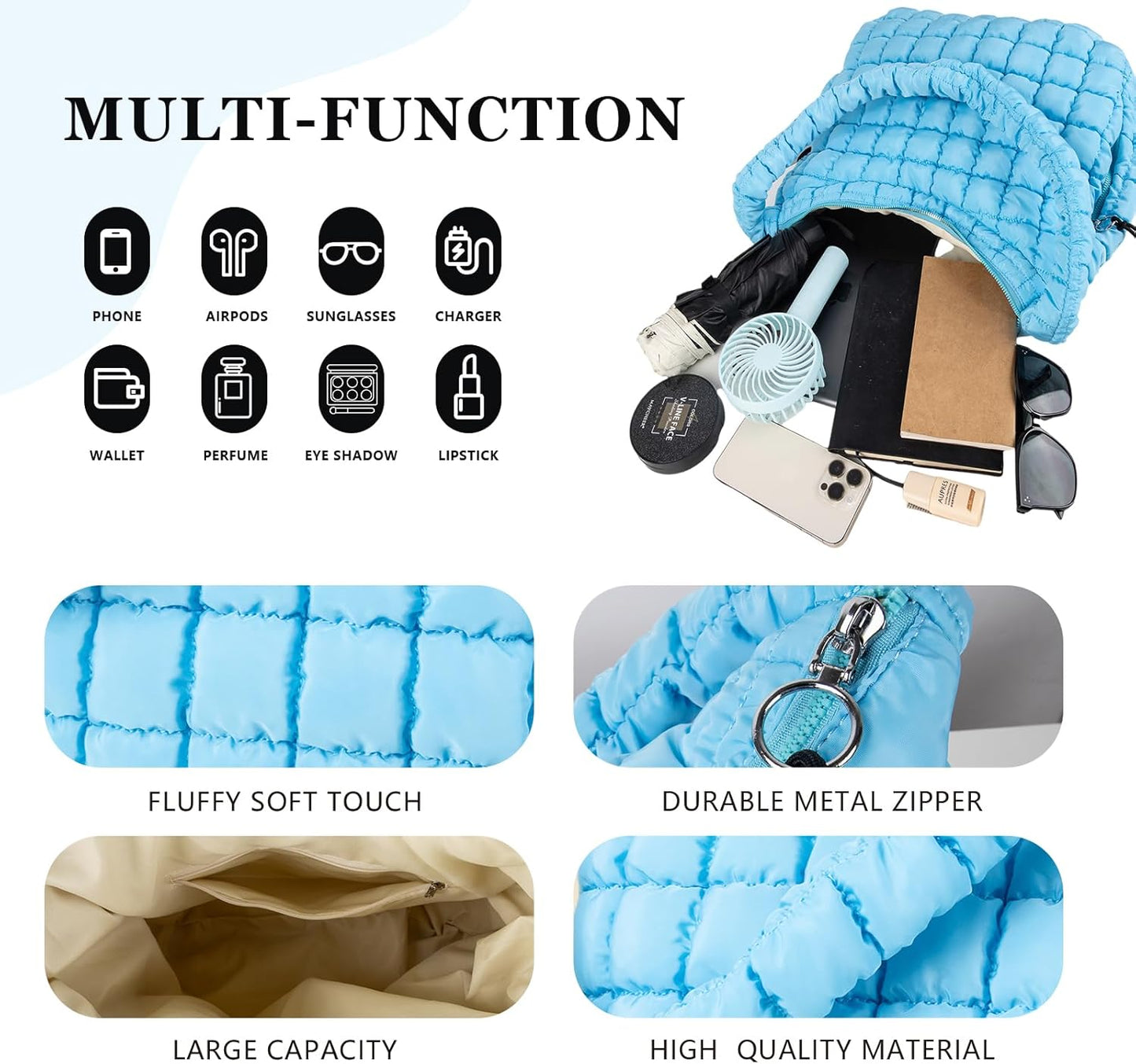 Quilted Puffer Tote Bag Large Crossbody Shoulder Bag with Zipper, Nylon Hobo Oversized Handbag - PuriLite