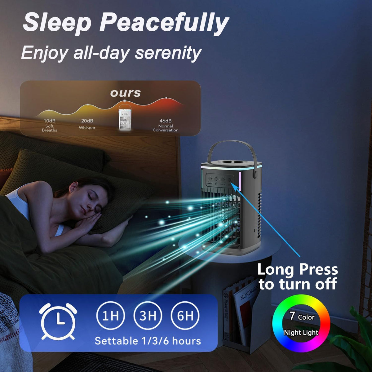 Portable Air Conditioners Fan with Remote, 4-in-1 Portable AC with 1500ml Water Tank, 3 Wind Speeds, 6H Timer, 2 Cool Mist, 7 Lights, Personal Mini Air Conditioner for Room Bedroom Office (Black) - PuriLite