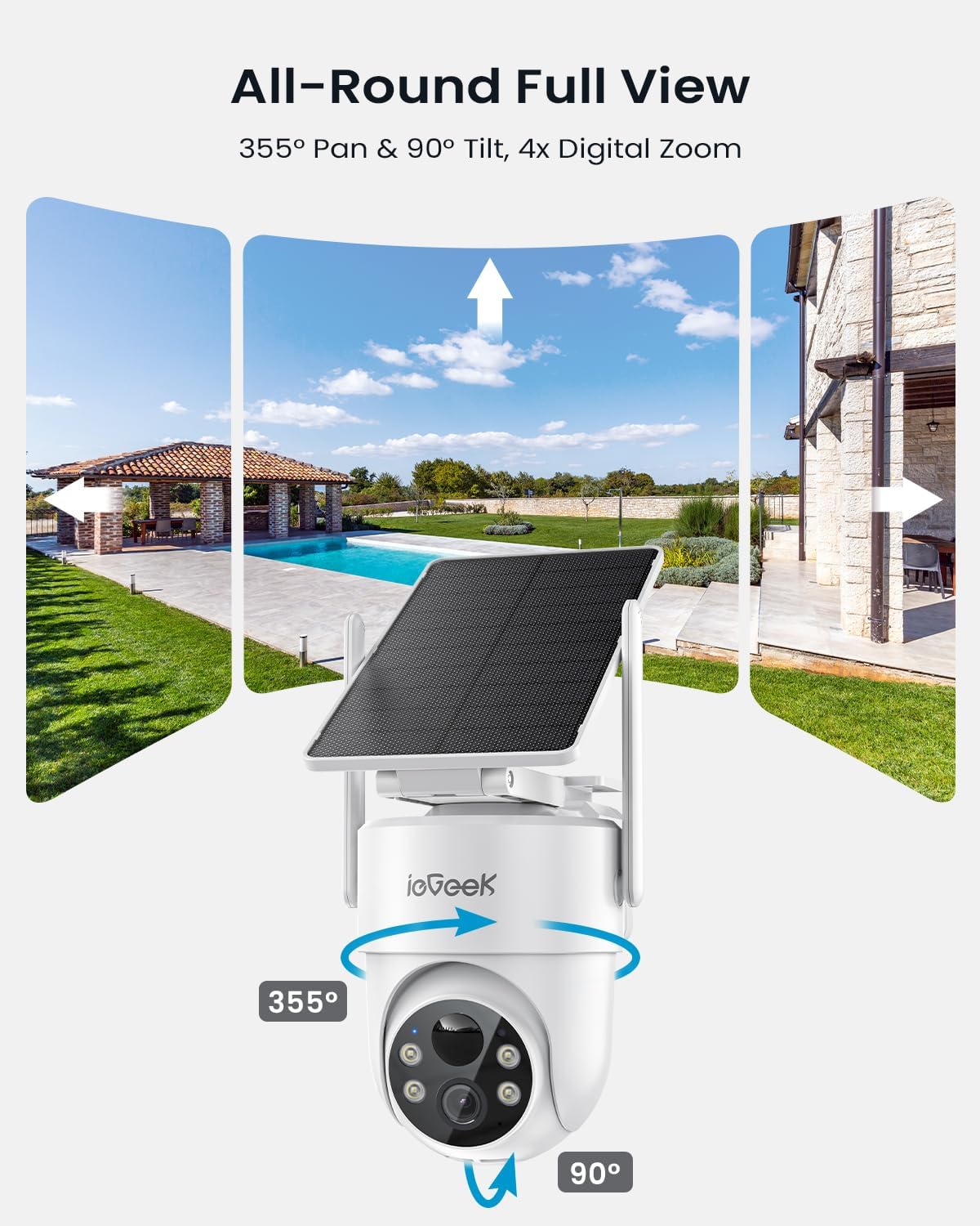 ieGeek 2K Security Cameras Wireless Outdoor, with Adjustable&Removable Solar Panel, 360°PTZ, Color Night Vision, 2.4G WiFi Camera Surveillance Exterieur, Smart Motion Sensor, Light&Siren,Work w/Alexa - PuriLite