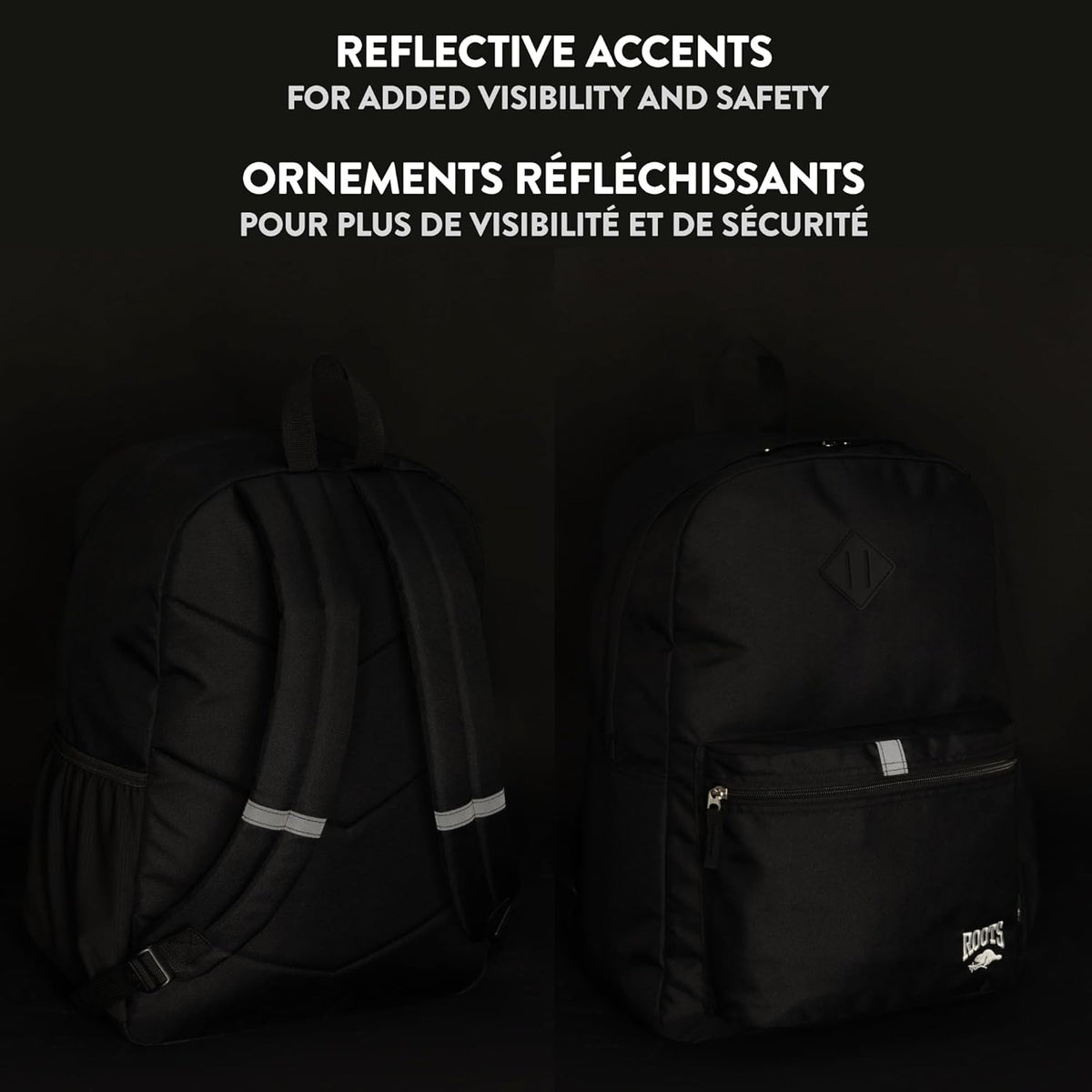 Roots Teen Lightweight Backpack — Made from Recycled Polyester with 15.6" Laptop Compartment, Rain Flap, Bottle Pocket, Reflective Accent, and Back Padding — 34L, Black - PuriLite