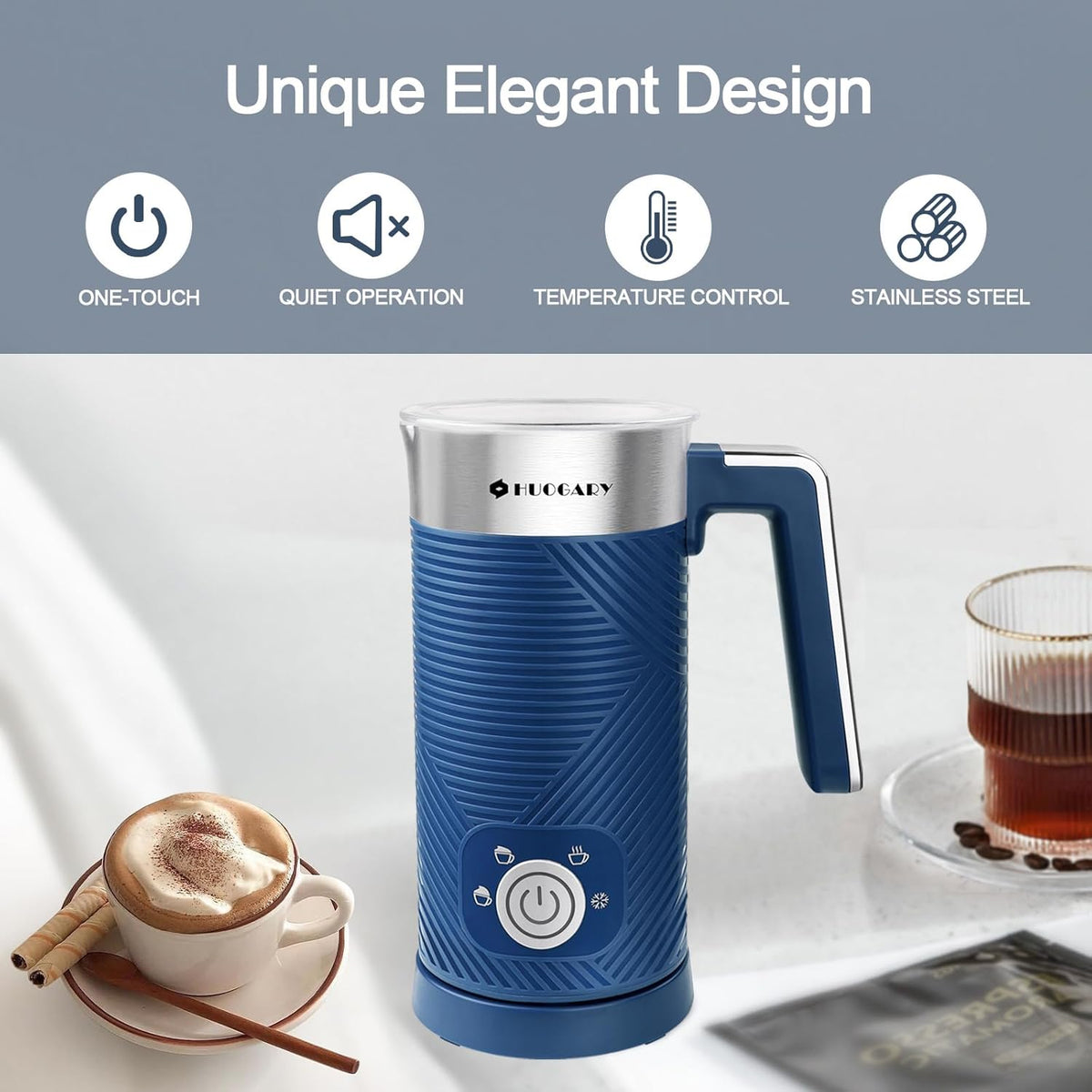 Huogary Milk Frother, Milk Steamer for Milk Foam & Hot Milk(4.5oz/10.5oz), Electric Milk Frother and Warmer for Homemade Coffee, 120V (Black) - PuriLite