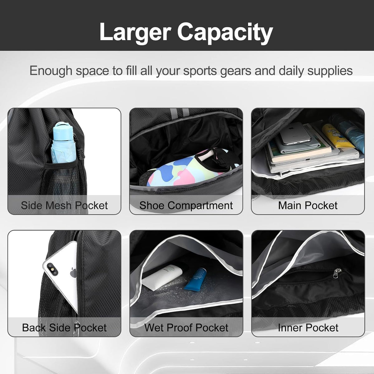 Hoedia Sports Drawstring Backpack - String Swim Gym Bag with Shoes Compartment and Wet Proof Pocket for Women/Men - PuriLite