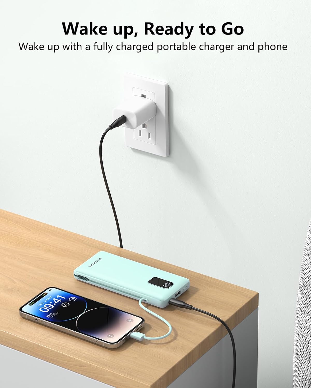 Charmast Portable Charger with Built-in Cables and AC Wall Plug, 10000mAh Ultra Slim Power Bank with 5 Outputs & 2 Inputs, External Battery Pack Compatible with iPhone 14/13, Samsung Galaxy, etc - PuriLite