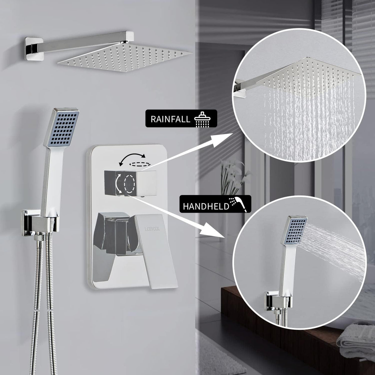 LCEVCGK Shower Faucet Set Complete Matte Black Shower System with 8 inch Square Rainfall Shower Head 3-Function Handheld Shower Waterfall Bathtub Spout Rain Shower Combo Set Bathroom Wall Mounted - PuriLite