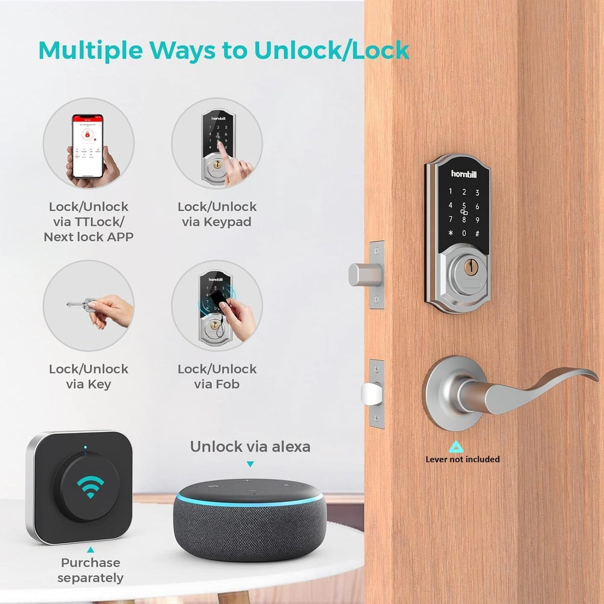 Keyless Entry Door Lock Deadbolt, Hornbill Smart Lock Front Door, Electronic Door Locks with Keypads, Digital Auto Lock Bluetooth Smart Door Locks for Homes Bedroom - PuriLite