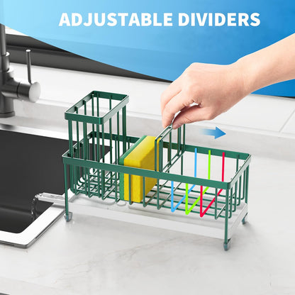Cisily Sponge Holder for Kitchen Sink, Sink Caddy with High Brush Holder, Organzier Rustproof 304 Stainless Steel Dish Organizer Divider, Soap Dispenser Storage (Black) - PuriLite